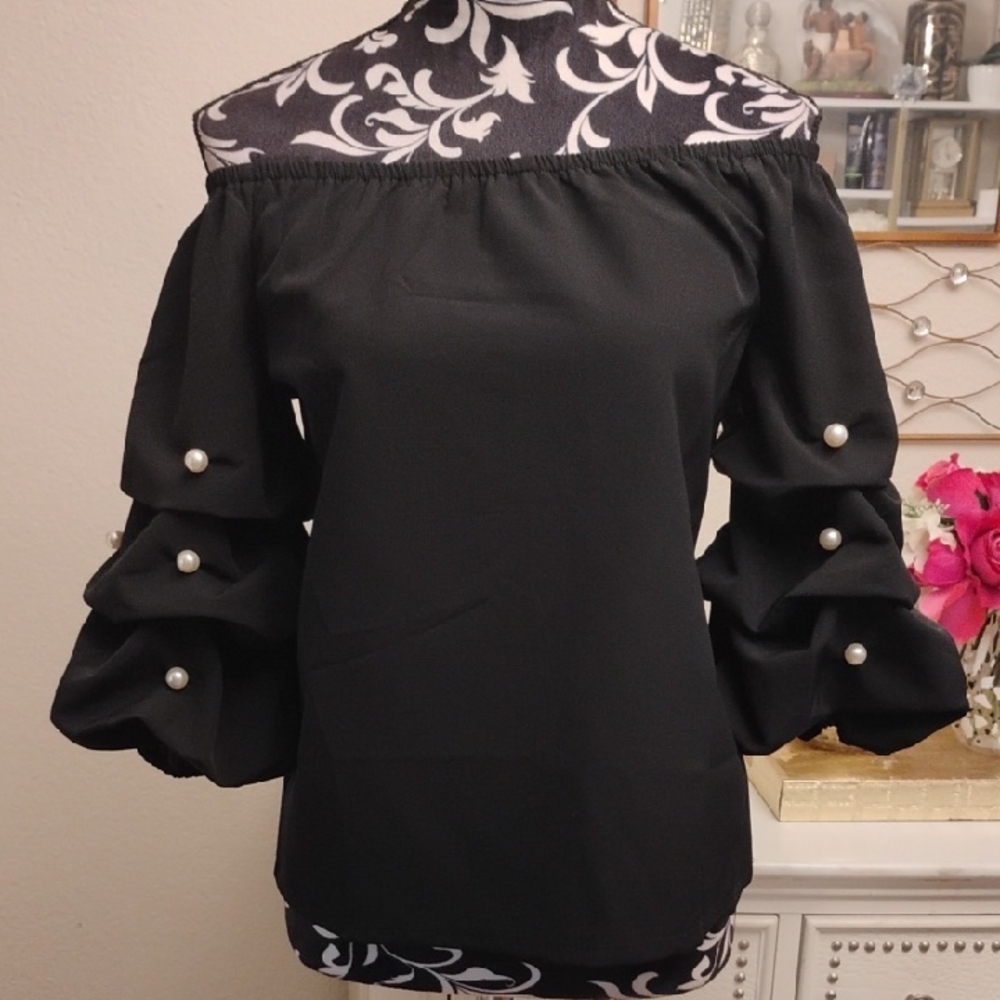 CeCe Black Off-Shoulder Blouse with Pearl Details